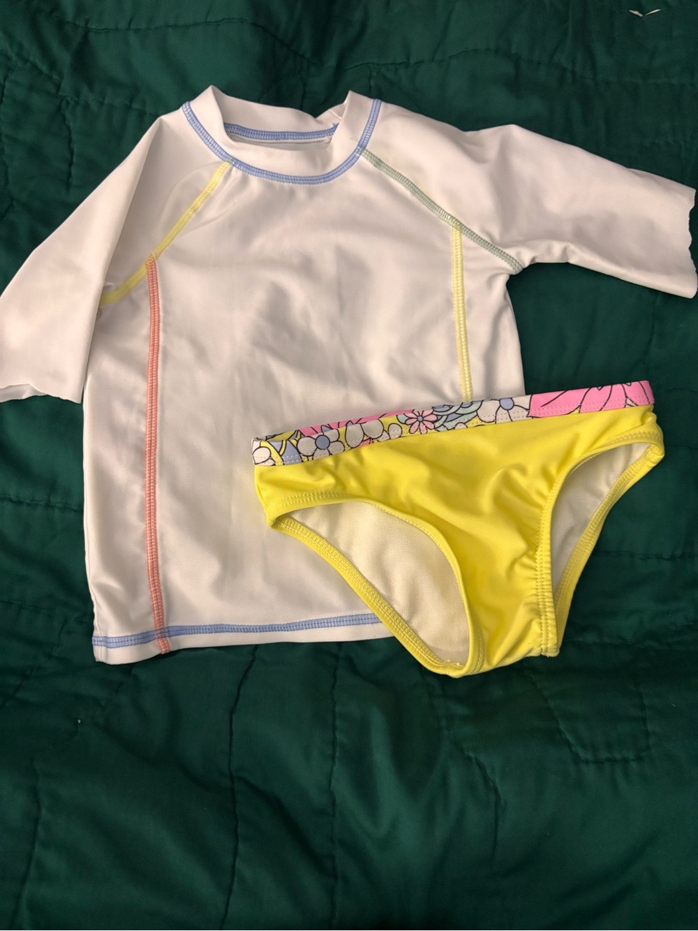 White Rash Guard with Multicolor Stitching & Yellow Bikini Bottoms